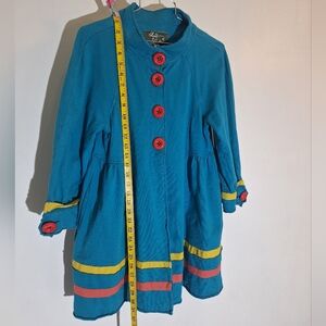 Aunt Wanda Turquoise Blue coat with Red and Yellow Details Size Small